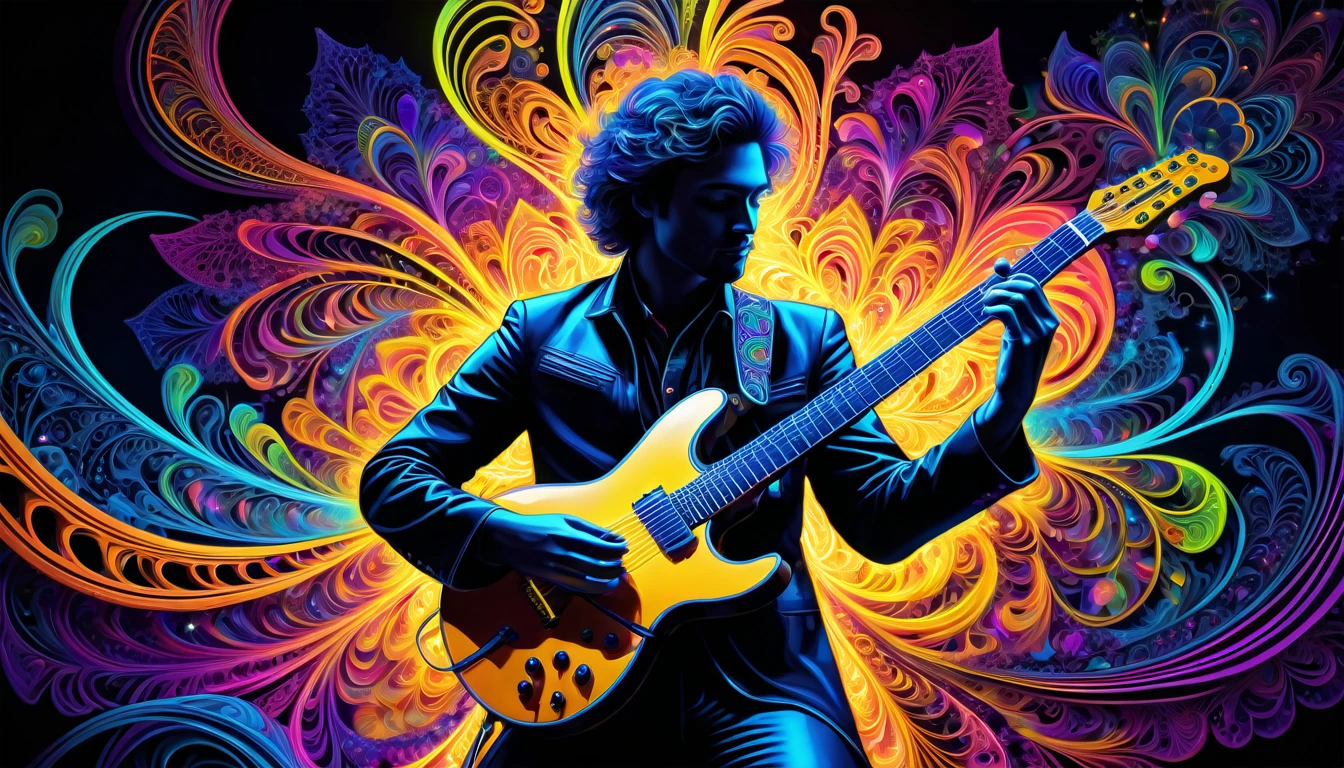 Black Light Art,(masterpiece, Highest quality, The best quality at its best, Official Art, Beautiful and beautiful:1.2), (One guitarist:1.3), Very detailed,(Fractal Art:1.2),colorful,Most detailed,( Zentangle neon light:1.2), (Dynamic Pose), (Abstract background neon lights:1.5), (Many colors:1.4), neon,16K,Full HD