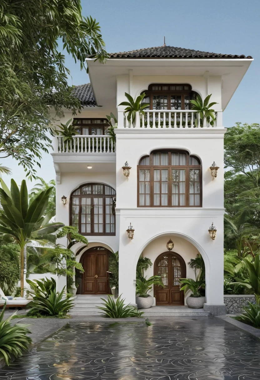 Render a 8-story Indochine-style villa in a serene setting. The villa's exterior is painted in a simple, elegant white, with traditional Indochine architectural elements such as arched windows, wooden shutters, and decorative railings. The roof features a two-sided sloping design similar to the houses in Hoi An, with the slopes running front to back, contrasting beautifully with the white walls. Lush greenery surrounds the villa, with a well-manicured garden featuring tropical plants and a cobblestone pathway leading to the entrance. The front porch has classic wooden furniture and lanterns, evoking a sense of timeless elegance. The lighting highlights the villa's sophisticated design and harmonious blend of traditional and modern elements.
8k resolution, UHD, high-quality detail, Indochine style, white exterior, arched windows, wooden shutters, decorative railings, two-sided sloping roof, Hoi An style, lush greenery, manicured garden, cobblestone pathway, classic wooden furniture, lanterns, harmonious blend of traditional and modern elements, sophisticated design, serene setting, attracted lighting, real sunlight