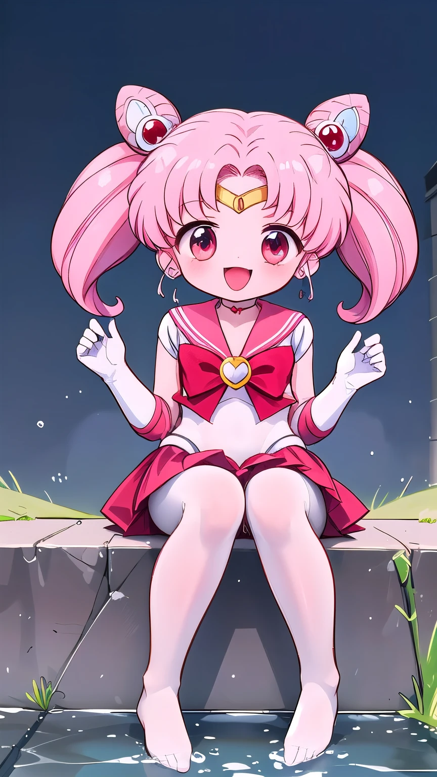 high quality，Sailor Moon，young年，Seven years old，cute，Metal hairpins，（***********），（Little ****），Pink Hair，short hair，（Red hairpin），（Double tail），Sailor Suit，Red bow，White elbow gloves，Red Skirt，(White pantyhose:1.******ung)，(Small)，（小Short legs）（No shoes），Sitting，Smile，Open your mouth，Fangs，（Short Legs:2.0），（Short legs），（Thick white tights:1.5） ，（The body is petite:2.0），rural