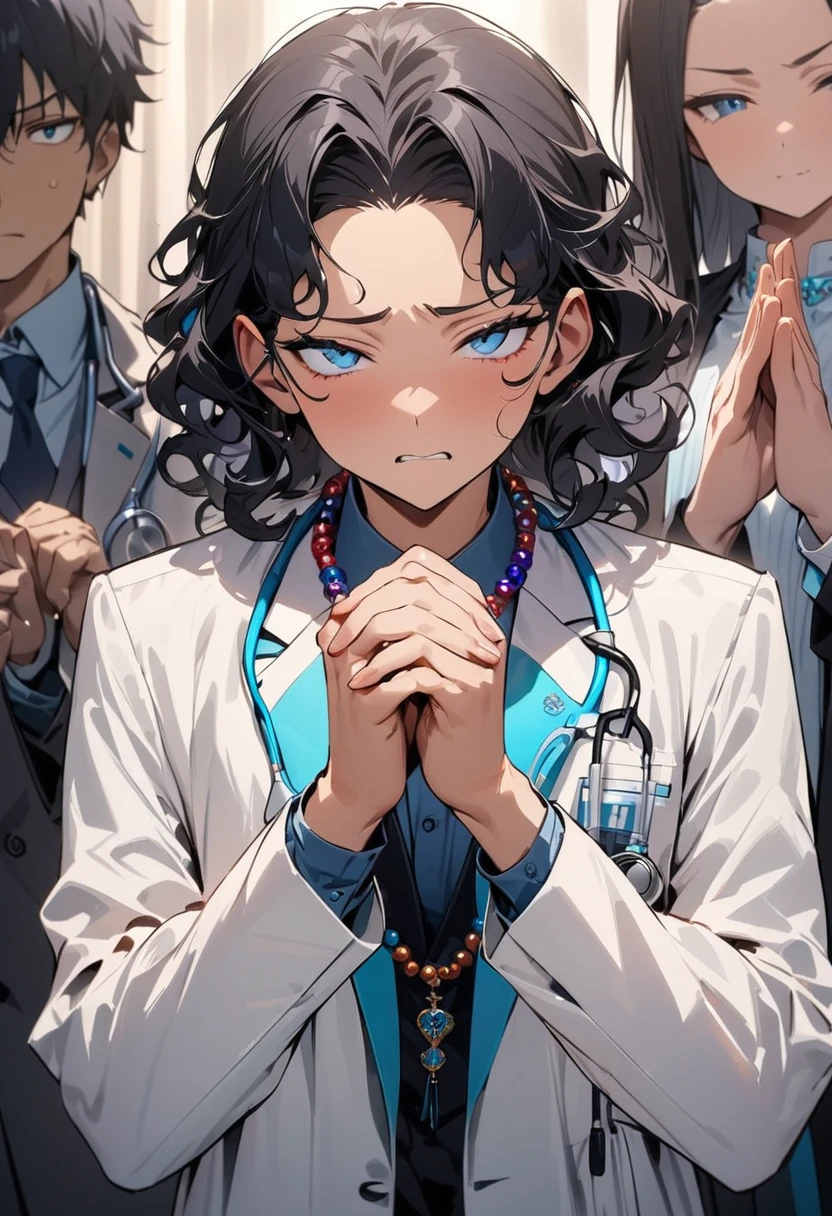 (( straight face picture )) ((best quality)), (Masterpiece)), (details), ( Beautiful colors ) ( ornamentation ) ,doctor ,young man , Tanned skin , black hair ,blue eyes ,Shoulder-length hair ,Slightly curly hair , open forehead , suit ,doctor , Show off the beads. ,hands together
