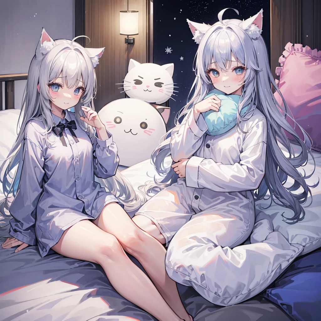 gray hair、Cat ear、、smile、blushing cheeks、snow、、small breasts、sitting on the bed、Sitting like a clumsy ???、sleepy eyes、Pajamas、yawning、Holding a body pillow、Ahoge、twins、Small breasts、exposed