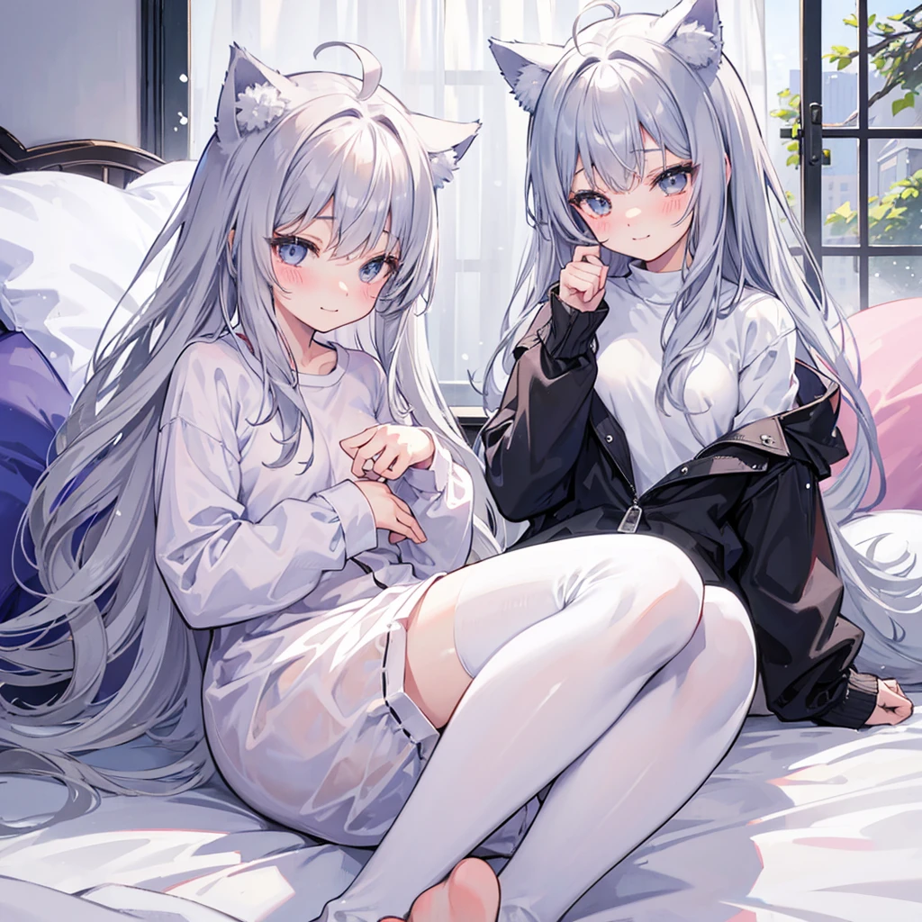 Anime, 1girl, backside view, white hair, blue eyes, glowing eyes, fishnet leggings, white winter sweater, mini-skirt, white underwear, slight smile, blush, cozy house, fireplace, white neck bow, white fox ears, black tight leggings, blue glowing, bedroom, back view, pillows, steaming hot cocoa, candy cane, lit candles, chocolate bar, lying down,
