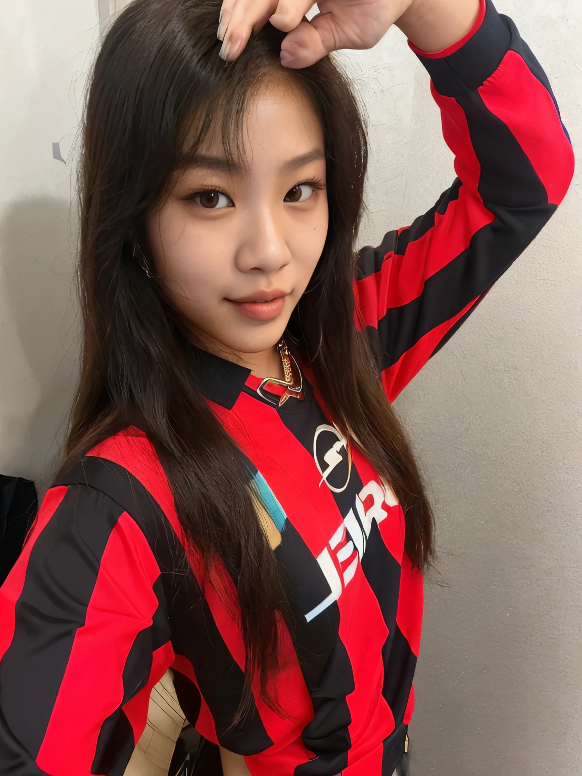 Jennie Kim from blackpink wearing a Spain t-shirt looking with a not so big smile and blonde hair
