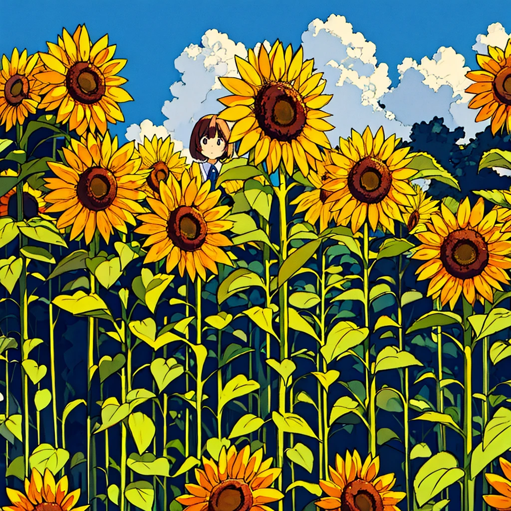 Plain background, girl in , simple, summer, nostalgic, sunflower