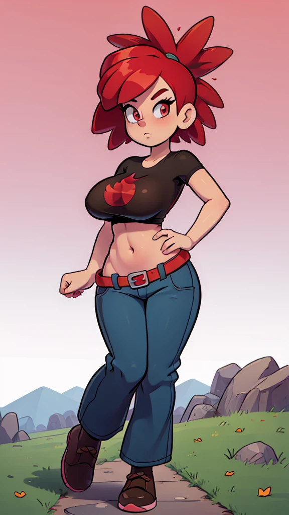 A sexy girl, beautiful action, big breast, dark red hair, cut her eye, pink eyelash, fire red, wears black top, short sleeves, shows navel, sexy curve, and a pair of denim pants, brown shoes. 