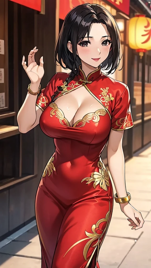 a beautiful woman,Standard red silk cheongsam,side braid,short black hair,Large Breasts,Sexy,Slim body,noble, (gold embroidery thread), (Such),cleavage, City,Outdoor Chinese restaurant,Smile,lipstick,Wear a gold bracelet on your right hand