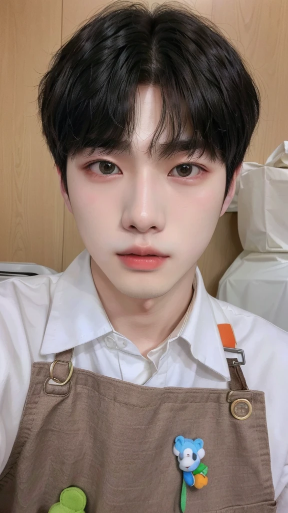 there is a young man with a brown apron and a green toy, Kim Doyoung, male ulzzang, Jinyoung Shin, jung jaehyun, cai xukun, adorable and pale korean face, Tae June Kim, profile picture with headshot, Sakimichan, hyung tae, Jungkook, ulzzang, inspired by Kun Can, Shin Jeongho, Hong Jun Hyung, Kim sunoo