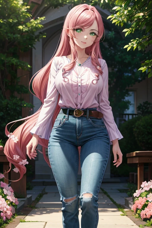 1 girl, alone, Hahari Hanazono, wide, hits, (green eyes: 1.2), pink hair, flower, hair flower, SMILE, (pink blouse), estampado floweral blanco, naked waist, skinny blue jeans, outdoor, City, walking, from behind looking at the viewer, to throw(from below), Masterpiece: 1.2), Best Quality, high resolution, unity wallpaper 8k, (artwork: 0.8), green eyes (Beautiful detailed eyes: 1.6), extremely detailed face, perfect lighting, Extremely detailed CG (perfect hands, perfect anatomy), big breasts, medium belt. , Wide hips, medium thighs, round butt