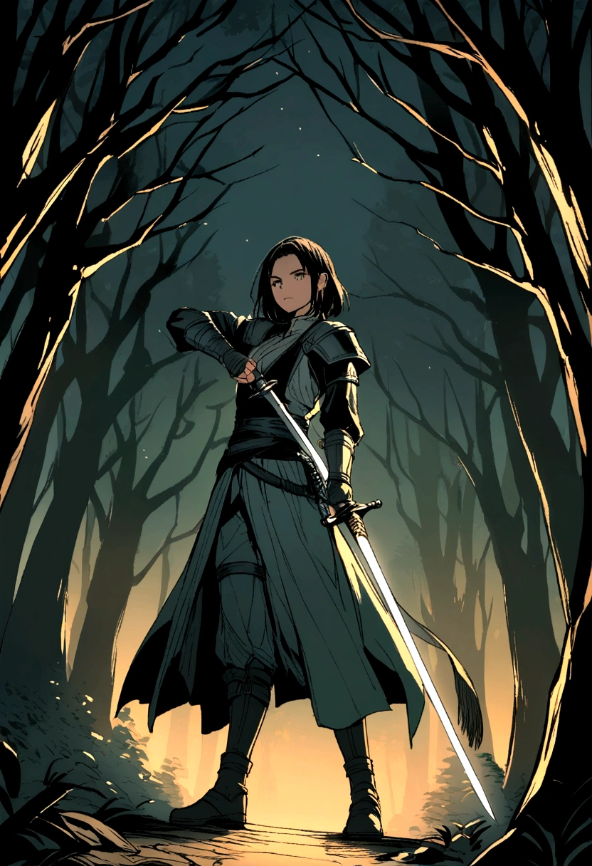 Picture a young warrior wielding a saber in a forest at night