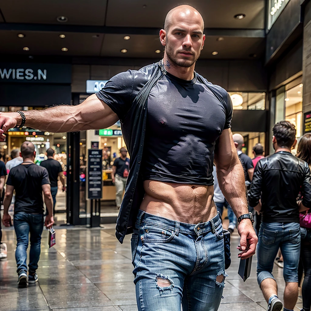 masterpiece, ultra photorealistic, Best quality, high resolution, realistic, sharpness, detailed skin pores, shopping mall artificial light, 8k, one man, focus on man, bald muscular man, pale skin, very tall, American face, muscular god body, small waist, wearing a blue men's jean, men's jewelry on the wrist and neck, jacket and black shirt in a shopping mall