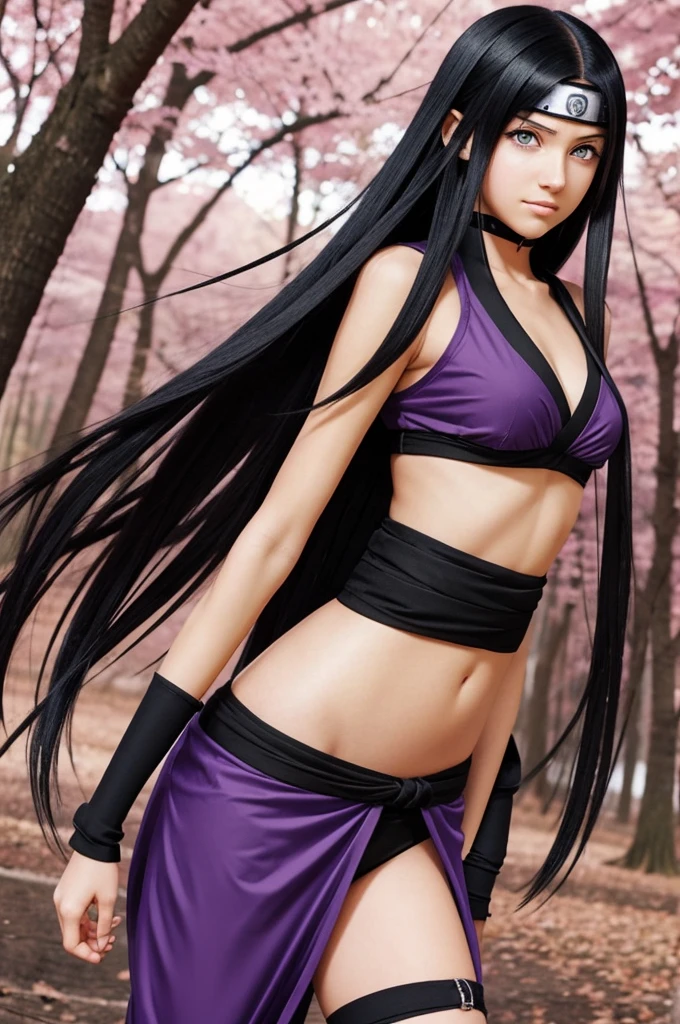 Make a Naruto anime style girl with long black straight hair who looks like she is  who has purple eyes and under the left eye I have a small star shaped scar make her with a nice body and make her full body like with a ninja clothes from the leaf village 