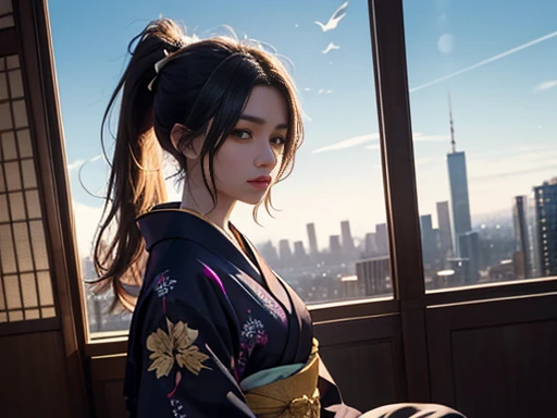High-end kimono(Black kimono(Exquisite golden embroidery,Purple Band))、Staring at the audience、Out of the window blue sky、Edo cityscape、ponytail, Shiny Hair, ふull body, Pupil mismatch, Hyper-realism, Verism, realism, Depth of written boundary, Cinema Lighting, Wide Shot,, Attention to detail, high quality, Textured skin, 8K, 最high quality, High resolution