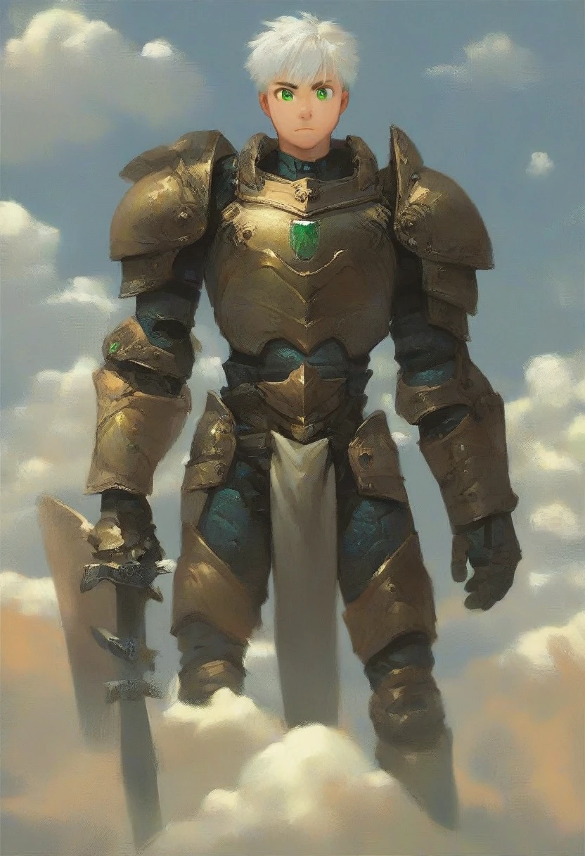 score_9, score_8_climb, score_7_climb, score_6_climb, score_5_climb, score_4_climb,ung man, armor, weapon, giant, alone, shoulder armor, green eyes, Paul Ron, white hair, look at viewer, power armor
