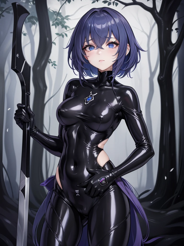 Masterpiece, Beautiful art, professional artist, 8k, art style by sciamano240, Very detailed face, Detailed clothing, detailed fabric, 1 girl, Soul Fullness \(Honkai Impact 3rd\), front view, standing, perfectly drawn body, shy expression, 4k eyes, very detailed eyes, pale skin, beautiful face, short dark blue hair, (shiny black tight bodysuit), black gloves, gloves that cover hands, (holding an ax with the right hand), Sensual Lips , evening de invierno, show details in the eyes, looking at the viewer, Dark road, dark forest, evening, Atmosphere, fog