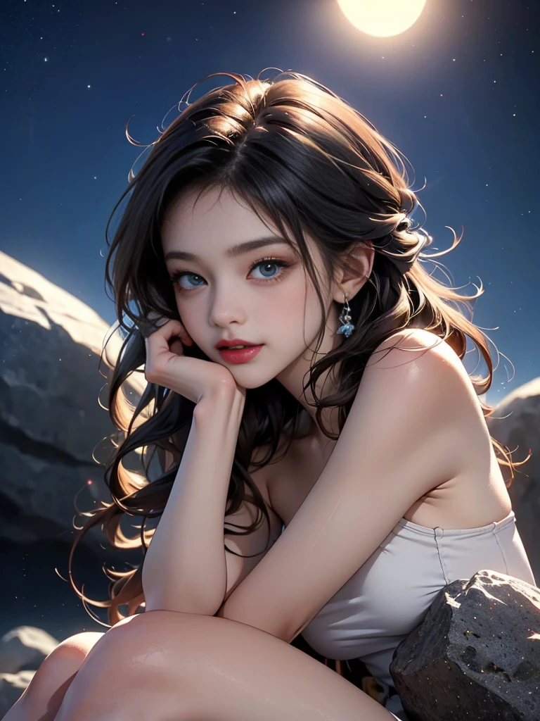 Ayaka,Genshin Impact,kamisato Ayaka, ((Bare shoulders)), ((whole body)), Practical, Fashion Girl, Red lips, Become a, cosmetic, big eyes, beautiful eyes, ((whole body)), ((From below)), (best quality, masterpiece:1.2), Very detailed, (Practical:1.37), ((Sexy long legs)), beautiful, Young and energetic, Charming model, Large Breasts, cleveage, (Exquisite eyes, Delicate lips, extremely Exquisite eyes), Show a bright smile, Create stunning girl images, Warm colors, Very high color saturation, Official Art, Extremely detailed CG unified 8k wallpaper,(High Dynamic Range :1.4), (Movie),(Soft colors, Dull Color, Soothing tone :1.3), (Natural skin texture, ultra-Practical, Soft Light, sharp),(Very detailed), night, moonlight, ((In the mountains, plant, Leaning against the rocks))