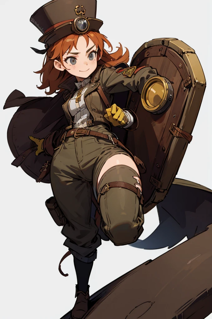 1.steampunk,15 years old,Goggles on the forehead,hat,A fake smile,gloves,whole body,boots,pants,White background, woman