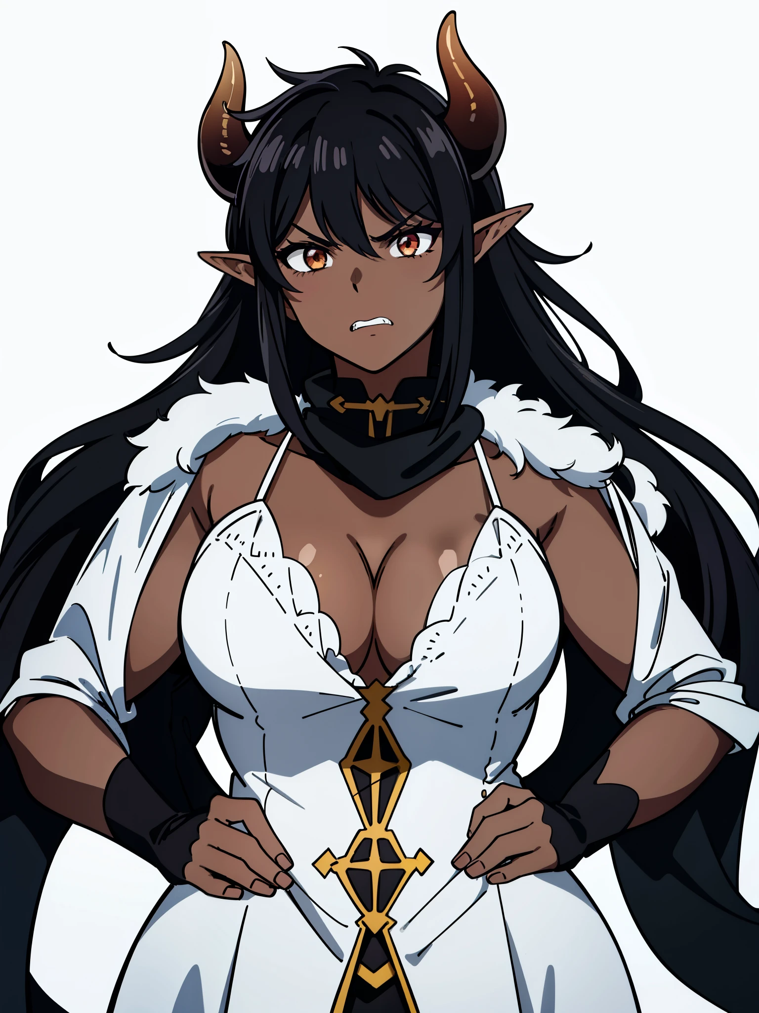 (1girl ,25s,adult,mature female),long hair, black hair,horns,elf ears,((black scarf)),cleavage,(((dark skin))),(white background, line drawing),angry,portrait