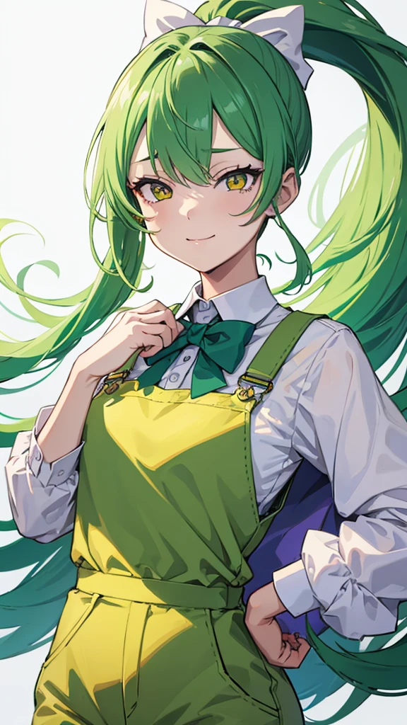 upper body,1girl,green hair,yellow eyes,long ponytail,white suit,green overalls,Purple bow tie,detailed face,central framing,mesugaki,hyper detailed,cinematic lighting,best quality,masterpiece,blue background