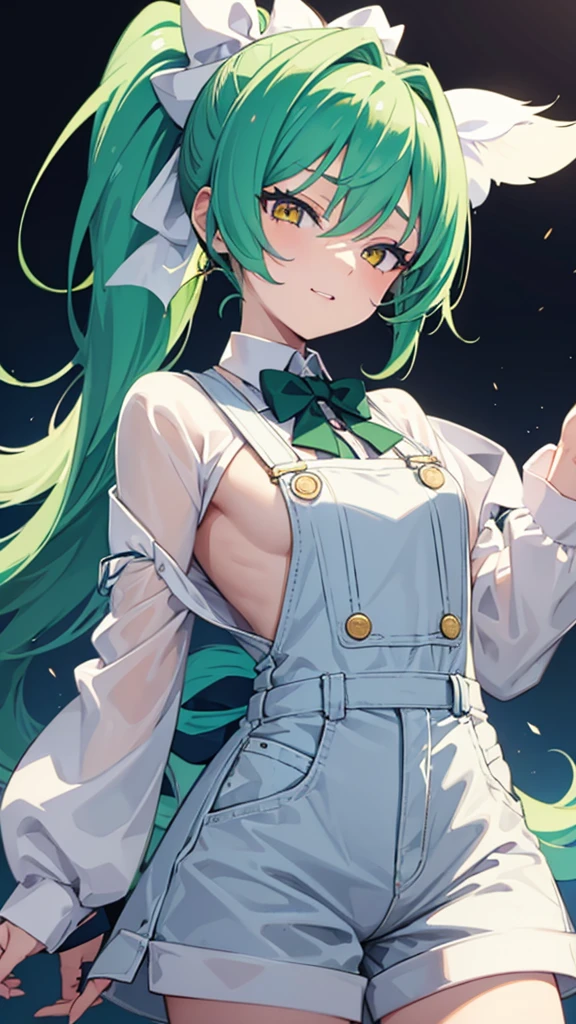 upper body,1girl,green hair,yellow eyes,long ponytail,white suit,green overalls,Purple bow tie,detailed face,central framing,mesugaki,hyper detailed,cinematic lighting,best quality,masterpiece,blue background