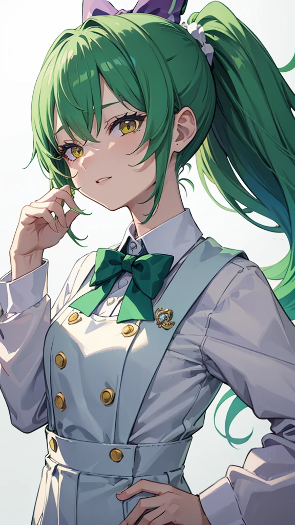 upper body,1girl,green hair,yellow eyes,long ponytail,white suit,green overalls,Purple bow tie,detailed face,central framing,mesugaki,hyper detailed,cinematic lighting,best quality,masterpiece,blue background