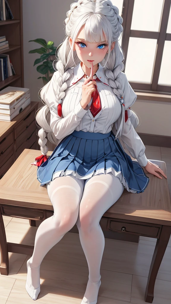 "1girl, incredibly detailed 8k cg, flawless model, mesmerizing idol, stunning face, ethereal beauty, pristine white hair, ring braids, captivating blue eyes,  Kakegurui ,  redblazer, white shirt, pleated grey skirt,  brown pantyhose, sat on desk  , full body, 