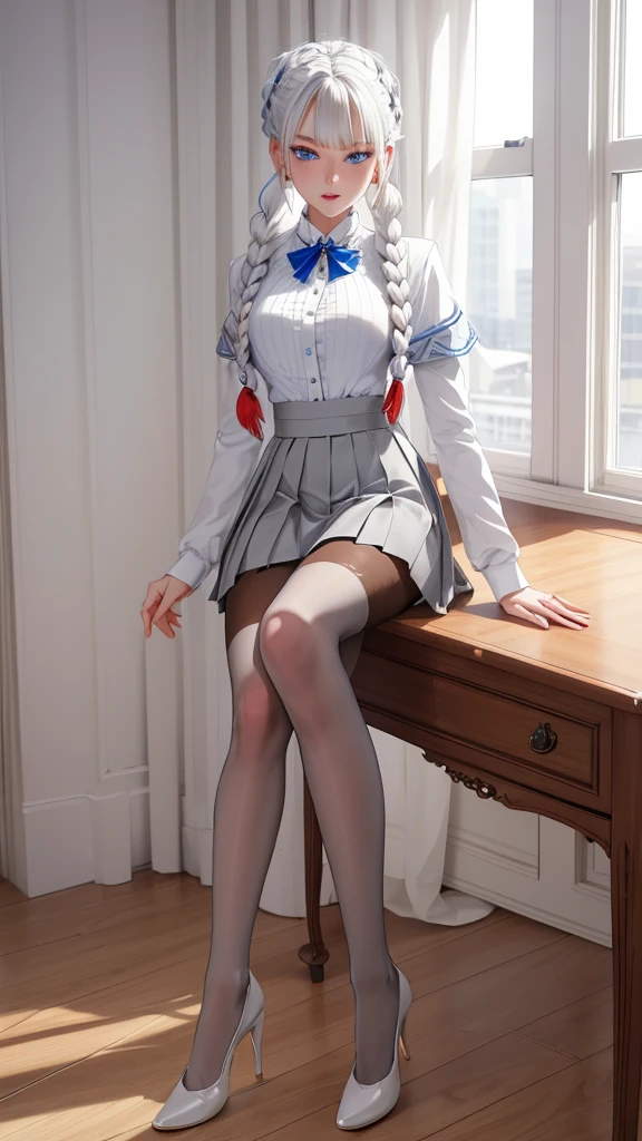 "1girl, incredibly detailed 8k cg, flawless model, mesmerizing idol, stunning face, ethereal beauty, pristine white hair, ring braids, captivating blue eyes,  Kakegurui ,  redblazer, white shirt, pleated grey skirt,  brown pantyhose, sat on desk  , full body, 