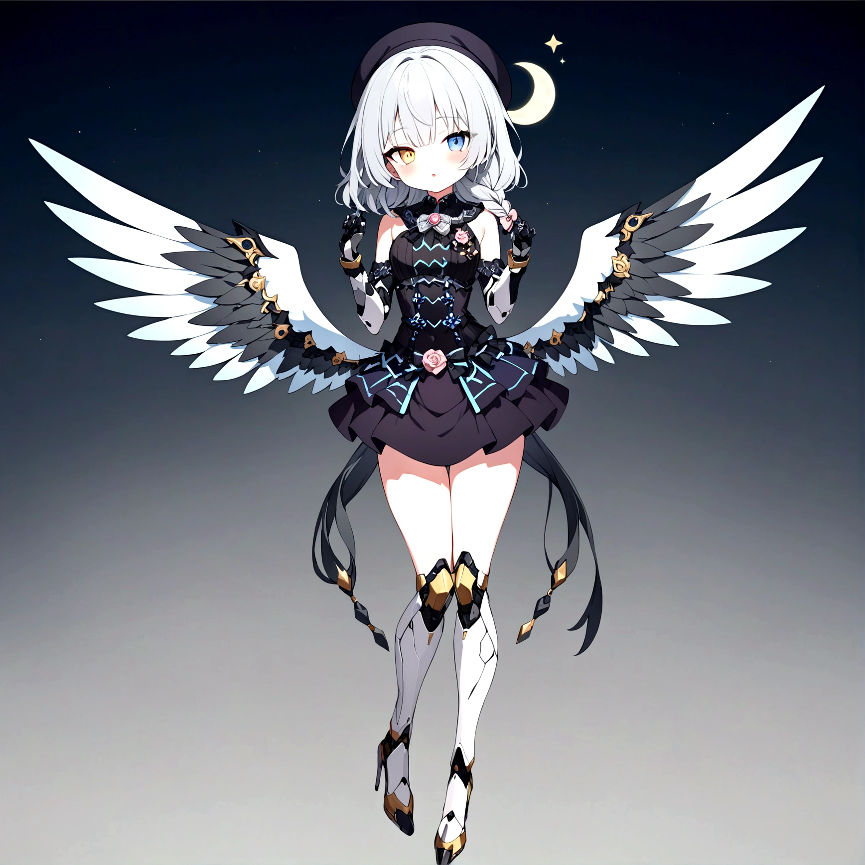 woman 160 cm tall, slim build, . (character design sheet: front view). (Short Wavy Gray Shoulder Length Hair, He has a short braid on the left side of his chest hair. He has large open bangs on the left side of his hair., She has a moon brooch on the left side of her hair.). He has a black French beret, He has a crystal star brooch on his beret. (heterochromia: Green right eye and yellow left eye.). Intricate One Piece Low Waist Thigh Length Dress, He has an elegant black belt on his hip. He has a huge and complex rose brooch in the middle of his chest. It has intricate stilettos. (It has complex mechanical legs that reach up to the thighs.: black with small gray details and metallic finish.). (It has complex mechanical arms up to the elbow and are black with small gray details with a metallic finish..). He has complex mechanical angel wings on his back that are light blue and white with black patterns.. Beautiful extremely detailed wings.. beautiful detailed hair, beautiful detailed dress. extremely detailed arms. extremely detailed face, small face, Beautiful detailed eyes, beautiful detailed lips. adorable. extremely detailed legs. (Best Quality, 4k, 8k, high resolution), ultra detailed, Exquisite and epic character art.
