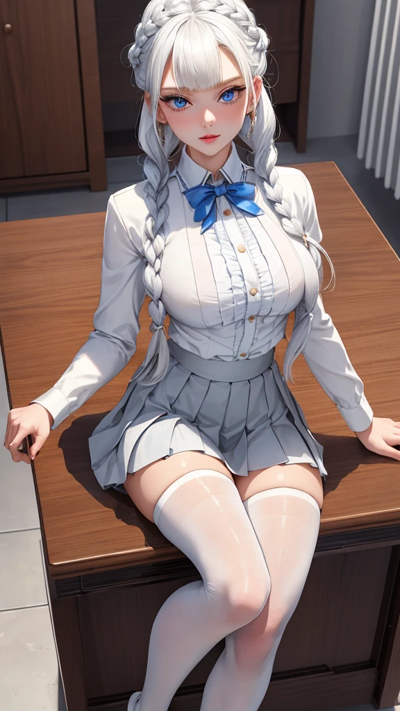 "1girl, incredibly detailed 8k cg, flawless model, mesmerizing idol, stunning face, ethereal beauty, pristine white hair, ring braids, captivating blue eyes, Kakegurui , redblazer, white shirt, pleated grey skirt, brown pantyhose, sat on desk , full body,