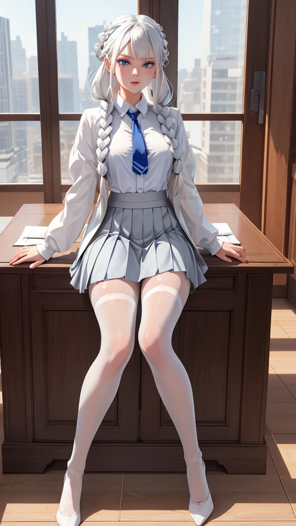 "1girl, incredibly detailed 8k cg, flawless model, mesmerizing idol, stunning face, ethereal beauty, pristine white hair, ring braids, captivating blue eyes, Kakegurui , redblazer, white shirt, pleated grey skirt, brown pantyhose, sat on desk , full body,