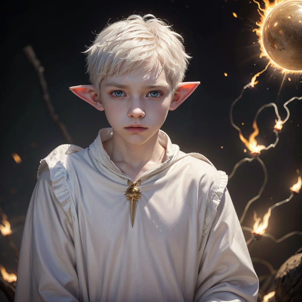 A  boy, Good person, albino with white skin, short white hair, white hair covering the ears, huge elf ears, pointy and furry ears, purples eyes, Light fire powers, power of the sun, pyrokinesis, manipulation of matter, no anger, golden clothes, fully dressed, chemise, no muscles