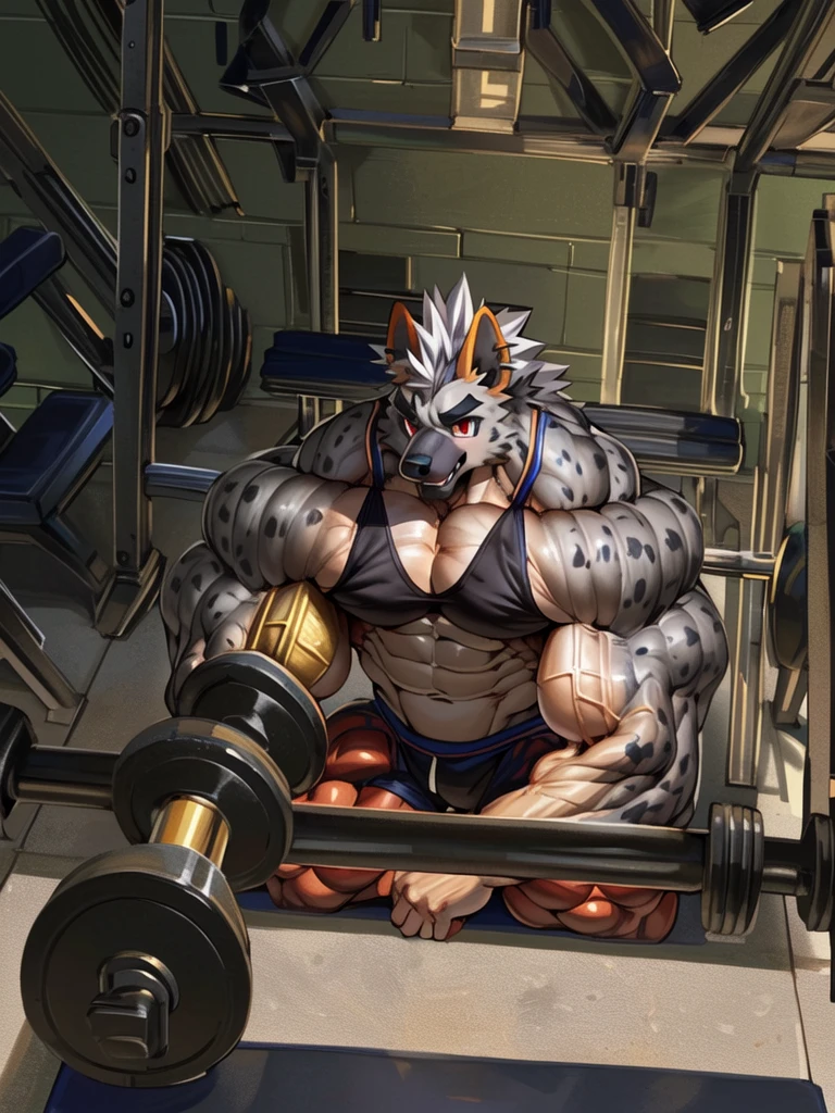 there is a man sitting on a bench in a gym, working out, in a gym, muscular!!, lifting weights, with abs, super buff and cool, muscular!, bursting with muscles, ((trending on E621, trending on Furaffinity digital media, trending on Artstation, trending on twitter , digital painting, digital media, digital paint, digital illustration, (masterpiece))) BREAK ((by vorusuarts, by kuroma, by nullghost, by raccoon21)) , BREAK ((((Full body(((hyper muscles))))))) ((((((anthro, anthrofield, (grey hyena)))))) | break | handsomeface,((((((elderlyface)))))), age_up_face , (((wildface)))))))), ((((((((charming)))))))) BREAK (((((hypermuscle:1.6| hyperpecs:1.4)))))))), (((detailed eyes,red_eyes:1.8))) | (((gray fur | finger claw | )))) | (((((((( gray hair | black eyebrow | short hair | black goatee hair | spiky_black_Ear_piercing))))))))) | BREAK (((((thick eyebrows))))) | BREAK (best quality | 8k | hi-res)) BREAK (((perfect face))) | BREAK((((((gym background)))) ,|break ((high-angle view ((((dynamic angle)))) or quarter view or close-up view))