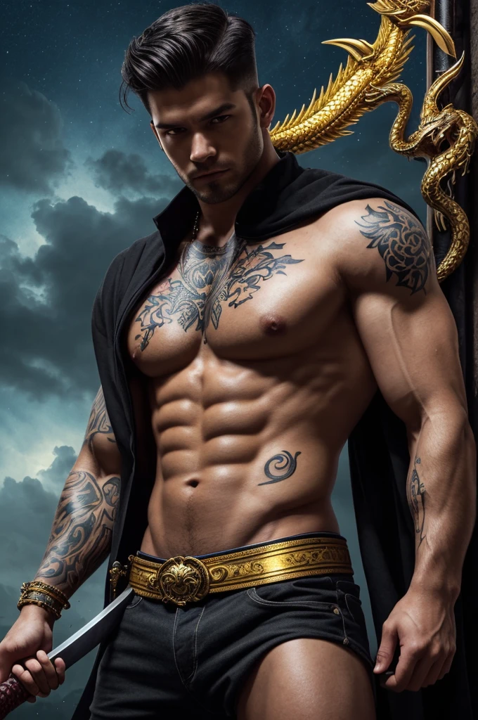 Digital illustration featuring a muscular, shirtless male figure with a detailed and intricate full-back tattoo of a dragon intertwined with floral elements. The character has short, dark hair and is holding a katana sword over his shoulder, which has a black and gold hilt with a red tassel. The background is a bright, ethereal sky with swirling golden ribbons, adding a dynamic and mystical atmosphere to the scene. The overall style is highly detailed and vibrant, with a focus on the contrast between the dark tattoos and the bright background.
