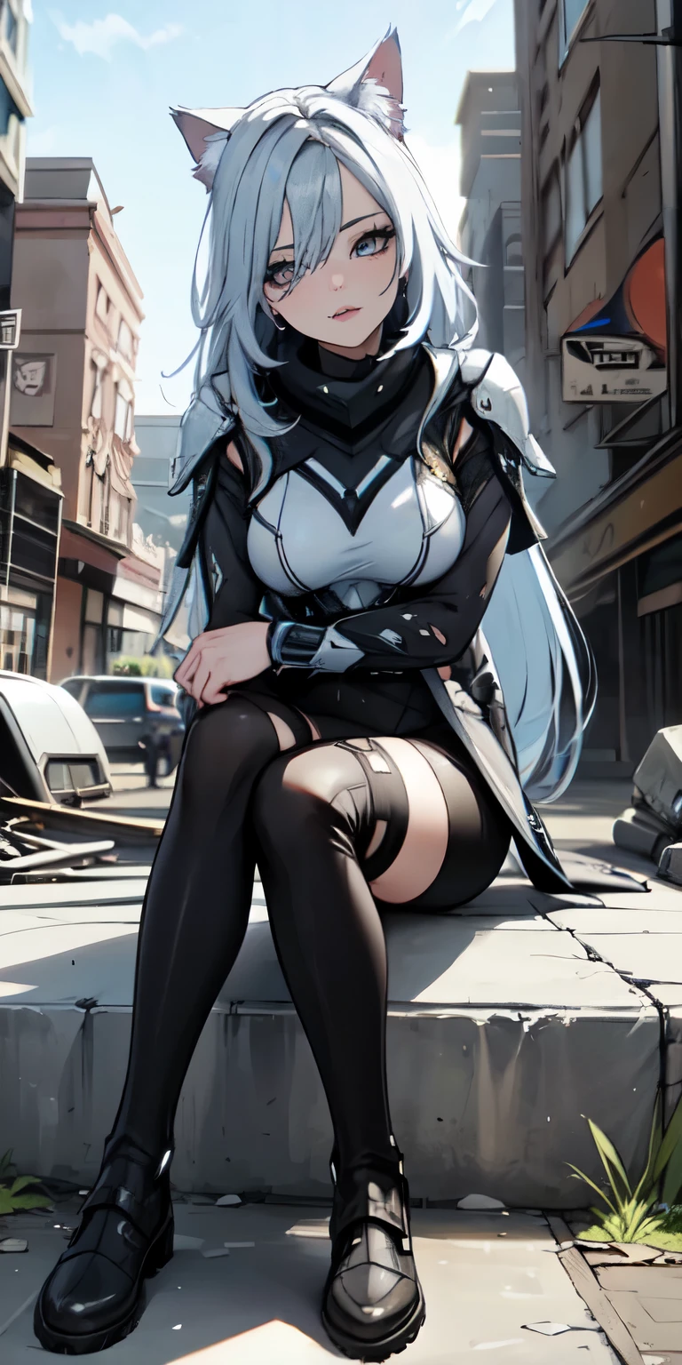 Masterpiece, beautiful art, 8k, art style by sciamano240, very detailed face, detailed clothes, detailed fabric, 1girl, beautiful face, asymmetrical long hair, light blue hair, wearing mass effect armor , sitting on rubble , leaning forward, tight pencil skirt, thigh boots , very detailed blue cat eyes, serious expression, destroyed city, full body view,