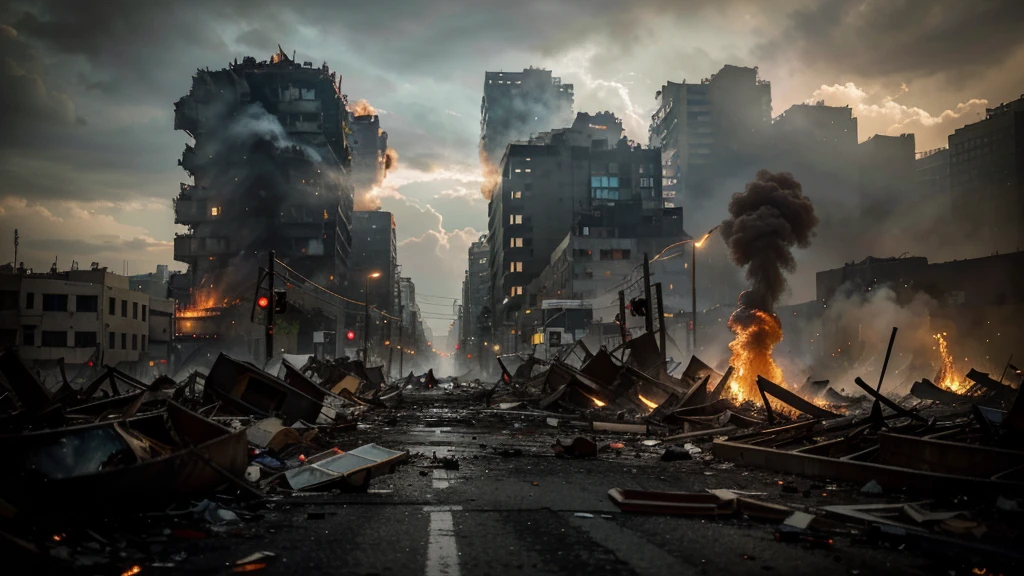 Close-up of city streets,There is a lot of fire, destroyed city on fire, burning city in the background, the world is on fire, the city is on fire, city destruction, the world on fire, burning city background, Doomsday scenario, The end of the world, apocalyptic city, Burning buildings, an ancient city on fire, apocalyptic art, Burned cities, apocalyptic environment