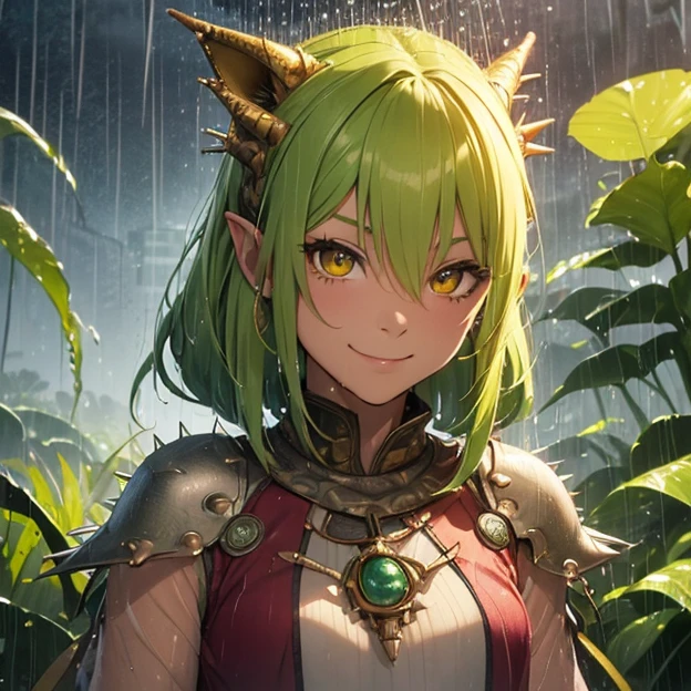 (master piece, best high quality image, very good detailed image, very good detailed character, very good detailed background, very detailed textures, carefully detailed and textures, character alone)
{{((1:character: 20 years old humanoid lizard, (yellow skin, snake eyes, cute smile, no nose, spiky green hair, fish ears), (pink indian tunic), (jungle planet, rainy morning))}}