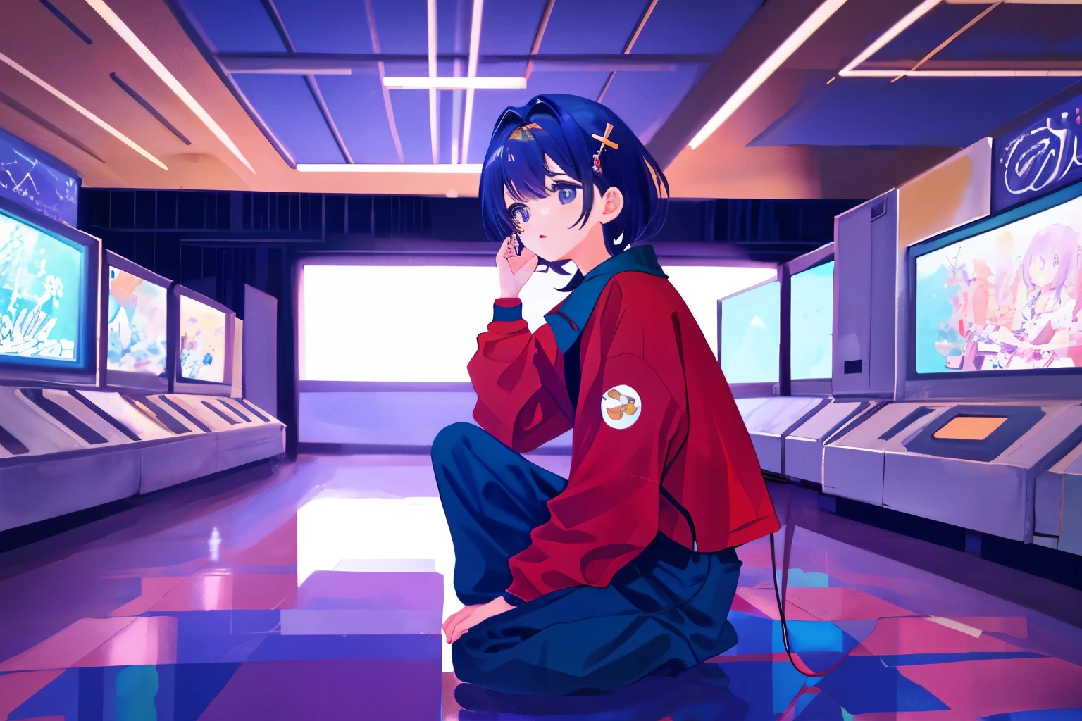 Anime boy sitting on the floor in front of a bunch of TVs, 80年代のAnime atmosphere, 9 0 s Anime Aesthetics, 80s anime art style, 90s anime art style, 80s anime art style, 90s anime style, 90s anime style, Lofi, Anime atmosphere, Anime Aesthetics