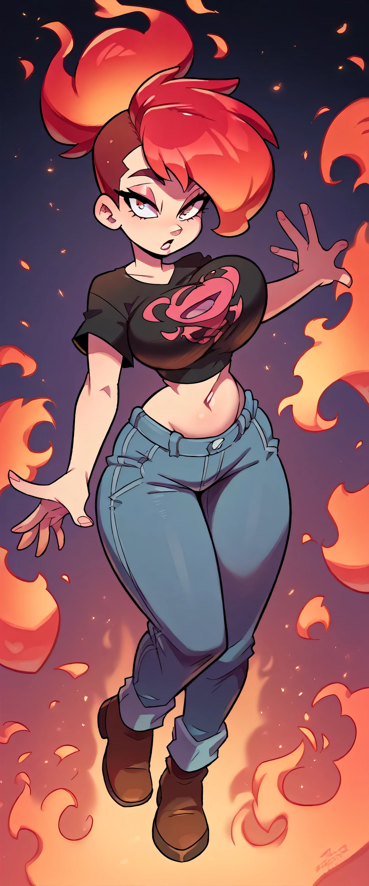 A sexy girl, beautiful action, big breast, dark red hair, cut her eye, pink eyelash, fire red, wears black top, short sleeves, shows navel, sexy curve, and a pair of denim pants, brown shoes. 