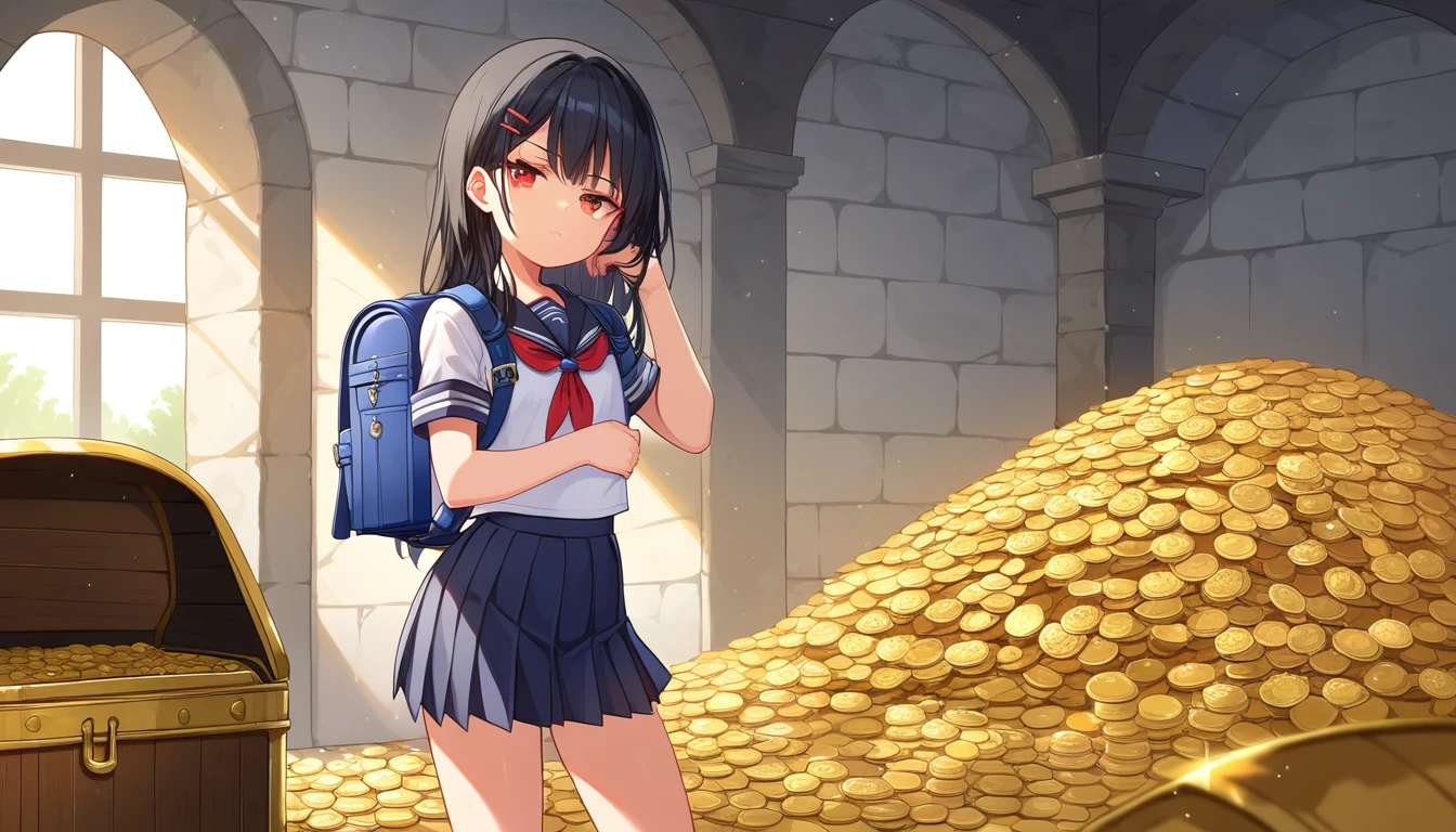 ((1girls:1.3)), ((solo:1.3)), ((school uniform:1.3)), ((dungeon:1.3)), ((pistol:1.3)), ((backpack:1.3)), ((moe style:1.3)), ((standing:1.3)), ((red eyes:1.3)), ((treasure chest:1.3)), ((small girl:1.3)), ((flat chest:1.3)), ((bored look:1.3)), ((pile of gold coins:1.3)), ((black hair:1.3)), ((perfect face)), ((extremely cute:1.3)), ((masterpiece:1.3)), ((8k)), ((best quality:1.3)), ((beautiful)), ((extremely detailed:1.3)) , ((absurdres)), AddXL, ((score_9:1.3)), ((score_8_up:1.3)), ((score_7_up:1.3)), Expressiveh