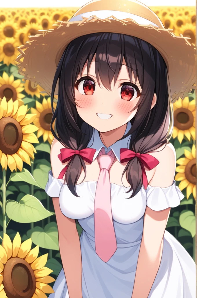alone, One girl、 Hair Ribbon, Pink tie, (White dress), Sunflower field、Red Eyes、Black Hair、(blush:1.5)、(Very smiling:1.4)、Slightly larger breasts、Wearing a straw hat