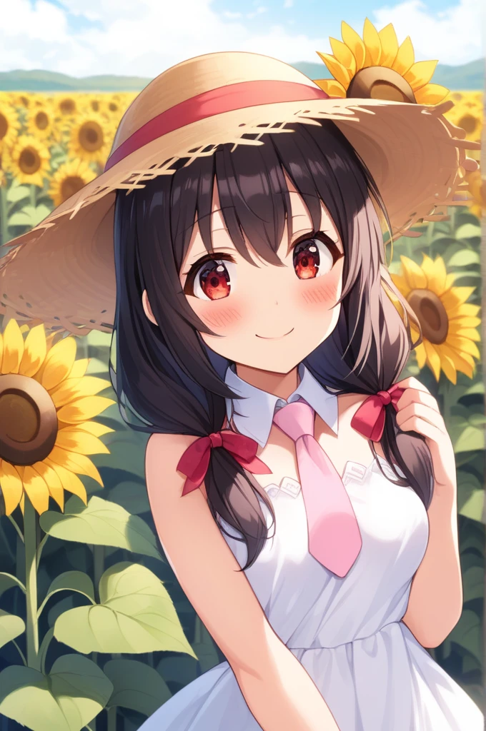 alone, One girl、 Hair Ribbon, Pink tie, (White dress), Sunflower field、Red Eyes、Black Hair、(blush:1.5)、(Very smiling:1.4)、Slightly larger breasts、Wearing a straw hat