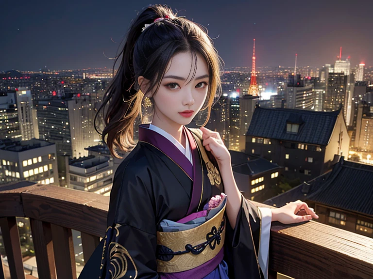 High-end kimono（Black kimono(Exquisite golden embroidery,Purple Band)）、Staring at the audience、Edo cityscape、ponytail, Shiny Hair,Attention to detail, high quality, Textured skin, 8K, 最high quality, High resolution、Sengoku period