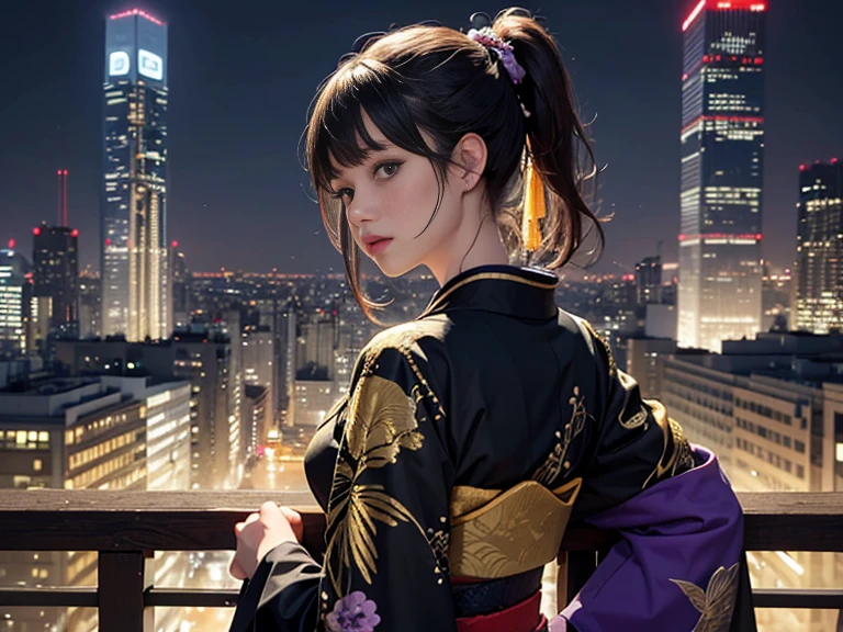 High-end kimono（Black kimono(Exquisite golden embroidery,Purple Band)）、Staring at the audience、Edo cityscape、ponytail, Shiny Hair,Attention to detail, high quality, Textured skin, 8K, 最high quality, High resolution、Sengoku period