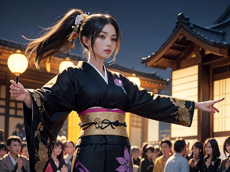 High-end kimono（Black kimono(Exquisite golden embroidery,Purple Band)）、Staring at the audience、Edo cityscape、ponytail, Shiny Hair,Attention to detail, high quality, Textured skin, 8K, 最high quality, High resolution、Sengoku period