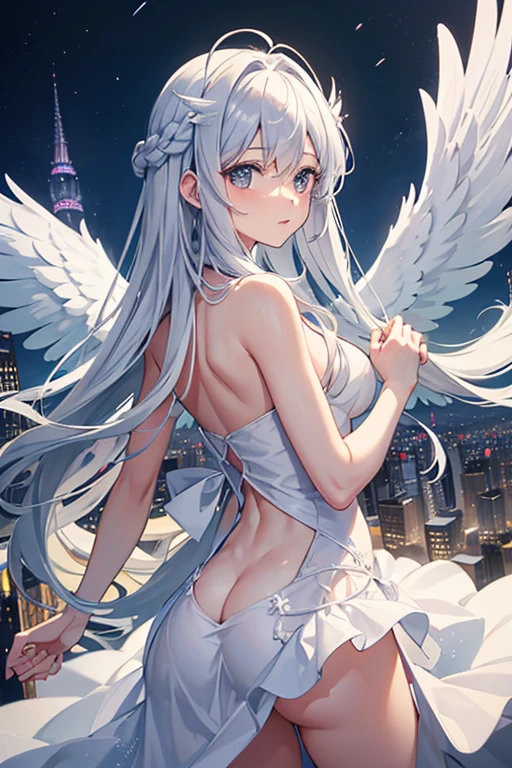 masterpiece, Highest quality, High resolution，Anime Style、Follow the prompts、Silver Hair、Long Hair、Angel、Halo、Three pairs of pure white wings growing from its back、Hold your hand、Hovering above the city、Overlooking the city、Completely naked、I can see your back、The angle of view is from the front