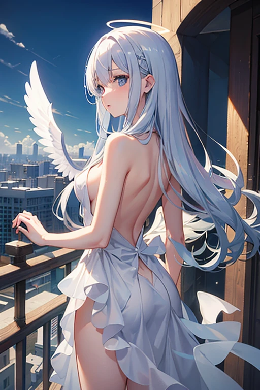 masterpiece, Highest quality, High resolution，Anime Style、Follow the prompts、Silver Hair、Long Hair、Angel、Halo、Three pairs of pure white wings growing from its back、Hold your hand、Hovering above the city、Overlooking the city、Completely naked、I can see your back、The angle of view is from the front