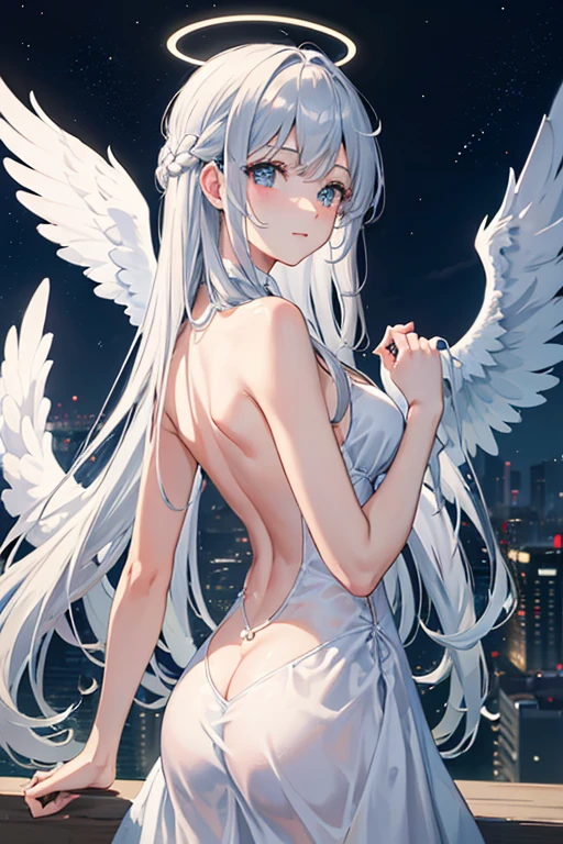 masterpiece, Highest quality, High resolution，Anime Style、Follow the prompts、Silver Hair、Long Hair、Angel、Halo、Three pairs of pure white wings growing from its back、Hold your hand、Hovering above the city、Overlooking the city、Completely naked、I can see your back、The angle of view is from the front