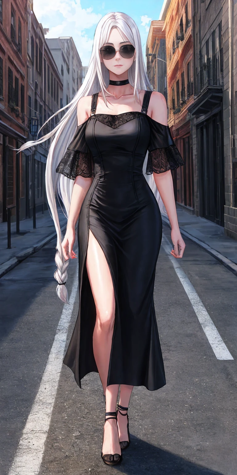 Ultra Quality, Shiny Skin, Atmospheric, 8K, Cinematic ((Street background)) BREAK ((Long White Hair)) narrowed black eyes, long black dress, fingers crossed, sunglasses