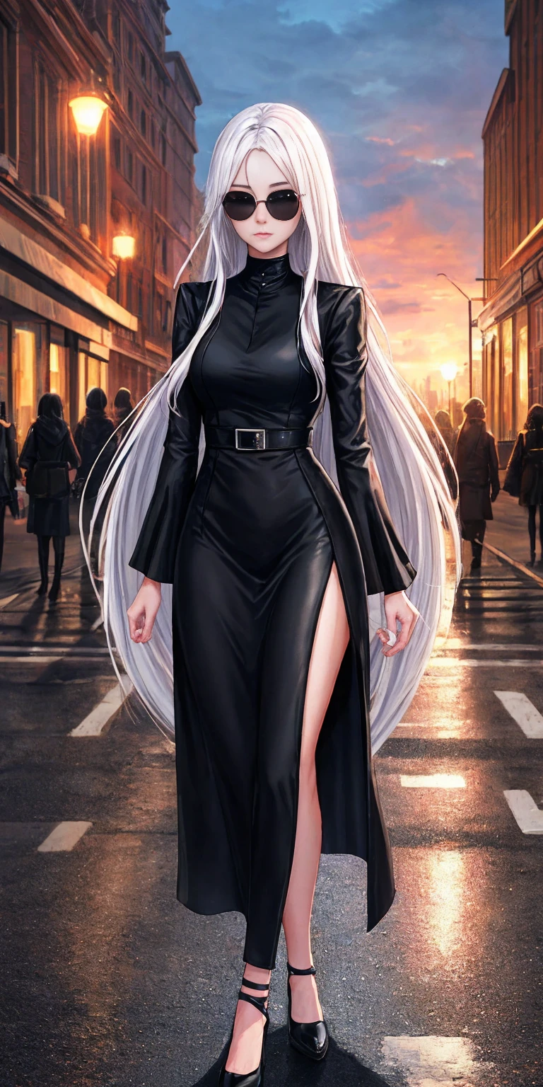 Ultra Quality, Shiny Skin, Atmospheric, 8K, Cinematic ((Street background)) BREAK ((Long White Hair)) narrowed black eyes, long black dress, fingers crossed, sunglasses