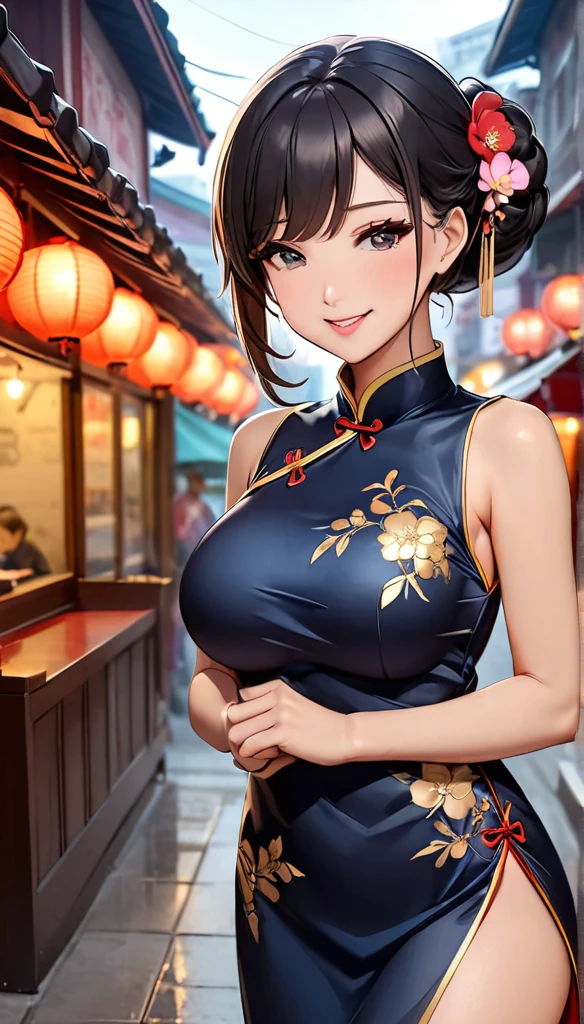 A beautiful woman, city,( silk cheongsam), (flower chignon), (gold embroidery thread), (slik), outdoor chinese restaurant, open mouth smile, ((black hair)), little blush, side, (breast), Reflecting the buttocks