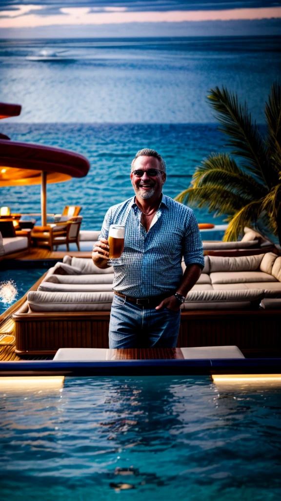a happy middle-aged man surrounded by beautiful women at a luxurious yacht pool , drinking beer, ultra-detailed, 8k, photorealistic, high quality, dramatic lighting, vibrant colors, cinematic composition, serene ocean background, yachts in the background, lively  atmosphere